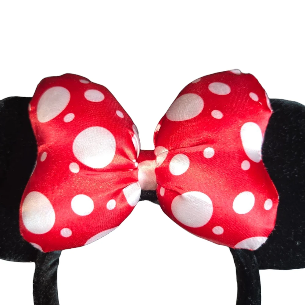 Disney Parks Puffed Red Polka Dot Bow On Black Velvet Minnie Mouse Ears Headband